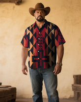 Vintage Western Style Men's Plus Size Printed Short Sleeve Shirt